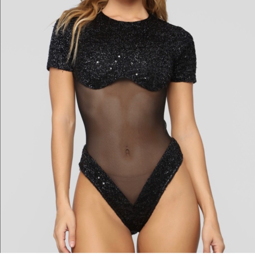 Black sequin mesh bodycon bodysuit
